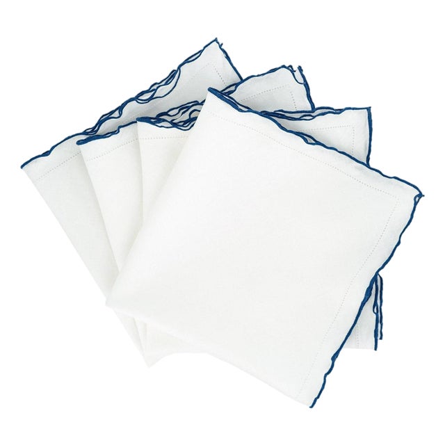 Linen Napkins With Navy Ruffled Hemstitch Edges, Set of 4 For Sale