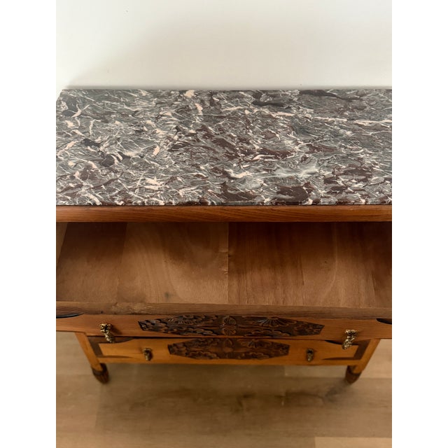 Art Deco French Oak Commode with Hand-Carved Floral Details and Grey Marble Top, 1930s For Sale - Image 16 of 18