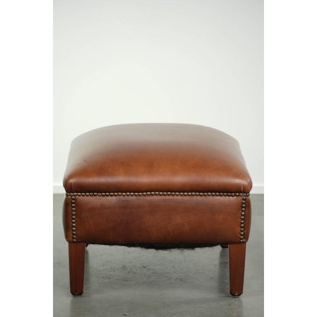 Cognac Cowhide Leather Ottoman with Decorative Nails For Sale - Image 3 of 10
