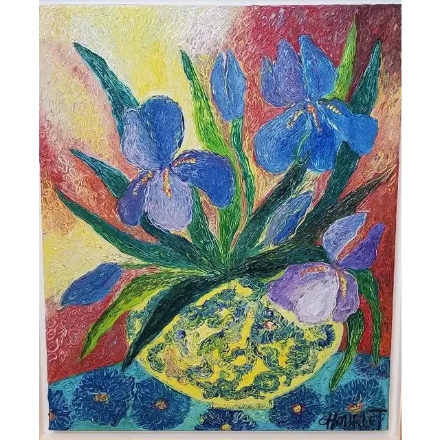 Textile Original Céline Chourlet "Bouquet d'Iris Mauve" Oil Painting With Coa For Sale - Image 7 of 13