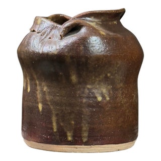 Vintage George Ohr Style Abstract Expressionist Dark Brown Vase, Signed For Sale