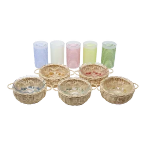 Mid-Century Glass and Rattan Multicolor Cherries and Stripes Snack Set - Set of 15