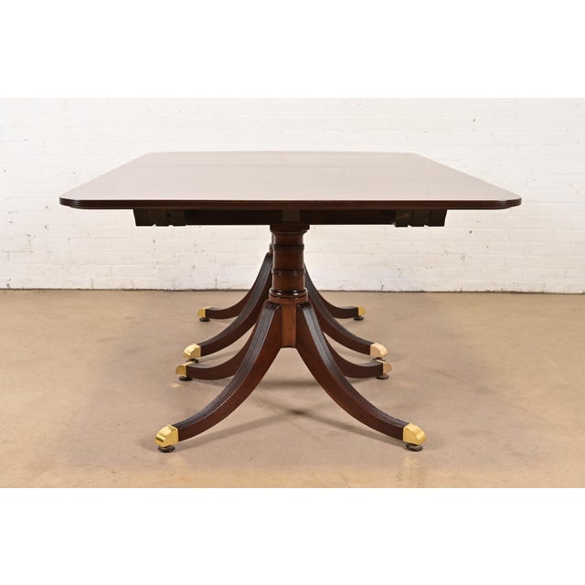 Baker Furniture Style Georgian Mahogany Double Pedestal Extension Dining Table, Newly Refinished For Sale - Image 12 of 13