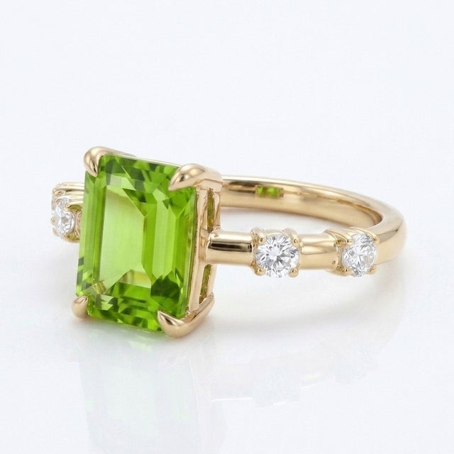 Contemporary Peridot Emerald Cut Stacking Ring - Dainty August Birthstone Ring for Woman Us 7 For Sale - Image 3 of 4