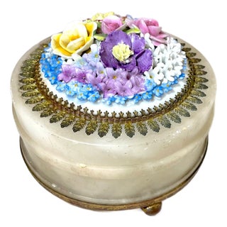 Handmade Antique Ornate Alabaster Porcelain Ormolu Bronze Dresser Box Jar Brass For Sale