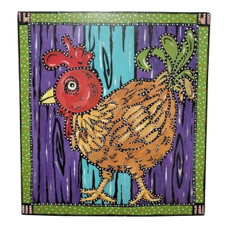 Vintage Folk Art Chicken Oil on Board Painting For Sale
