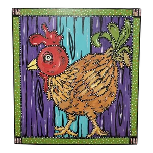 Vintage Folk Art Chicken Oil on Board Painting
