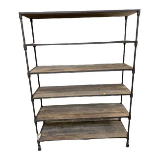 Restoration Hardware Wrought Iron and Reclaimed Wood Industrial Shelving Unit For Sale