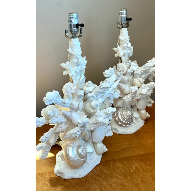 Antique White Vintage Shell Encrusted Faux Coral Table Lamps - Pair For Sale - Image 8 of 12