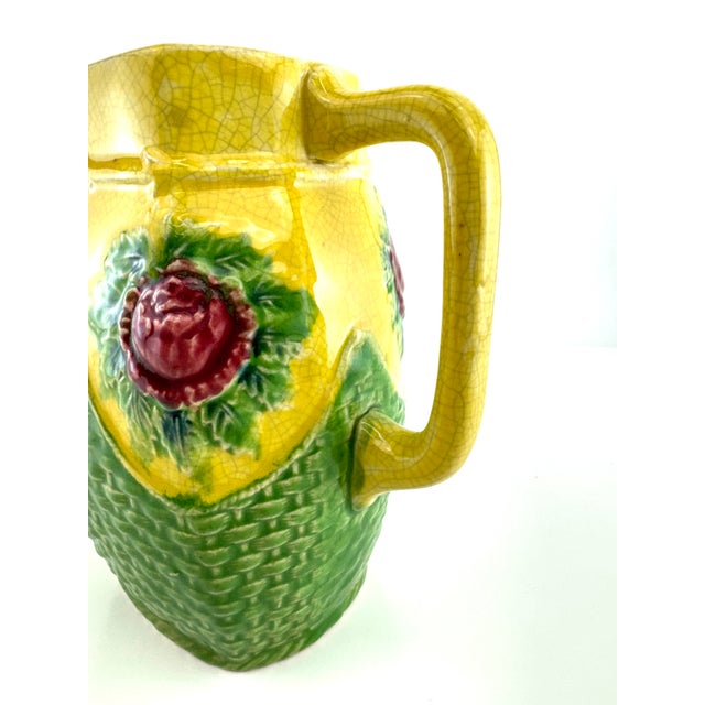 Vintage Japanese Majolica Style Strawberry Pitcher With Basketweave Base For Sale In Little Rock - Image 6 of 12