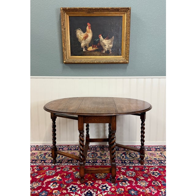 Antique English Table Drop Leaf Gateleg Barley Twist Oak Oval C. 1920-30s For Sale - Image 11 of 17