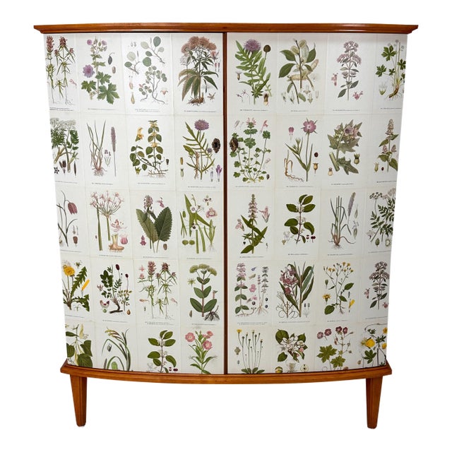 1950’s Swedish Curved Front Cabinet With Nordens Flora Illustrations For Sale