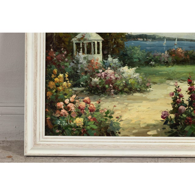 Impressionist Style Garden Painting with Gazebo and Waterfront, Signed R. Johns For Sale - Image 11 of 12