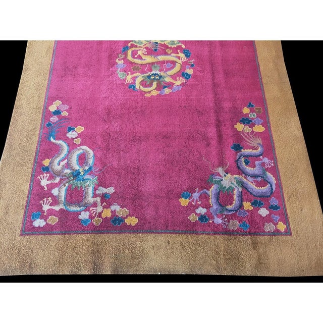 1920s Purple Dragon Medallion Antique Chinese Art Deco Carpet Wool Rug For Sale In New York - Image 6 of 7