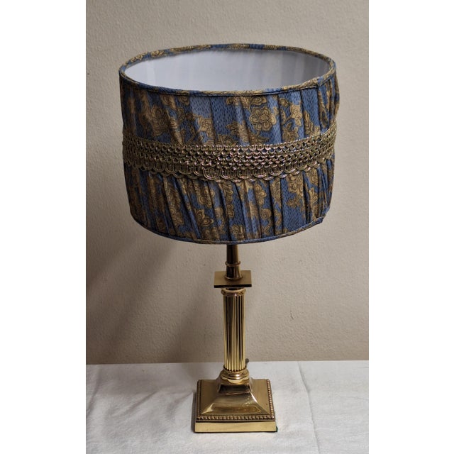 Vintage Table Lamp with Ornate Brass Base and Blue Fabric Shade, 1990s For Sale - Image 3 of 7