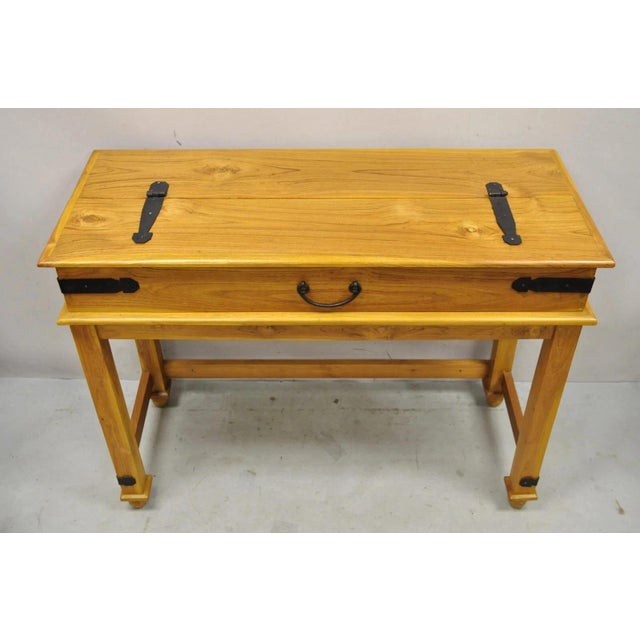 Vintage Colonial Campaign Style Teak Wood Flip Top Writing Desk With Side Chair For Sale - Image 4 of 12
