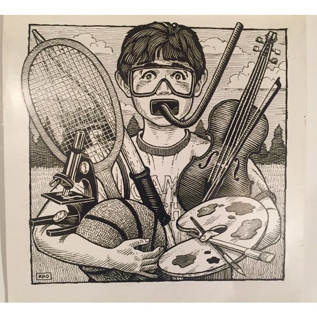 Original Illustration Scratch Board Boy & His Gear For Sale - Image 4 of 4