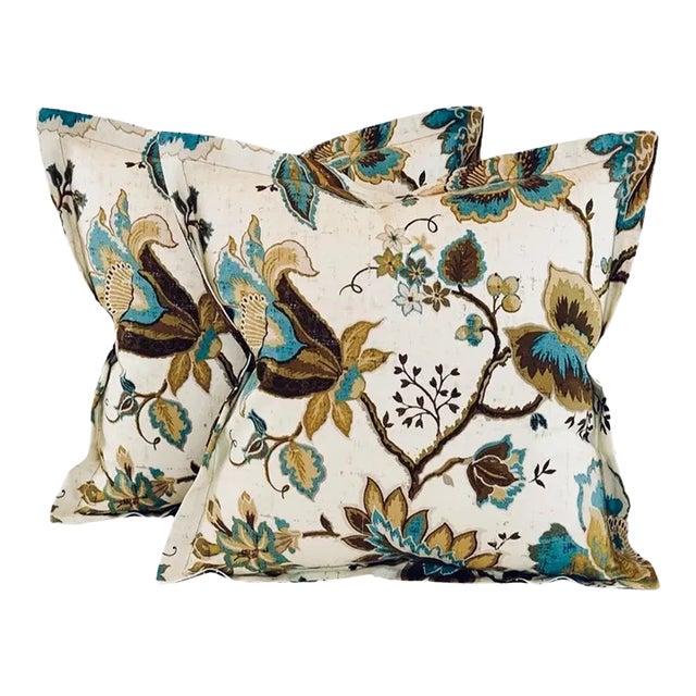 P Kaufmann Waverly Brown Cream Tan Teal Botanical Jacobean Leaf Vine 18" Pillow Covers- Pair For Sale