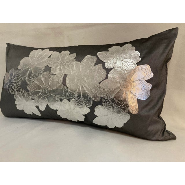 Metallic Silver Floral Embellished Lumbar Accent Pillow Cover Florals are given a modern update in silver metallic...