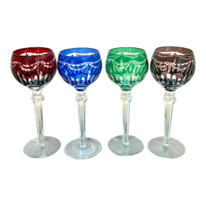 Bohemian Art Deco Colored Cut Glass Wine Stems Set of 4