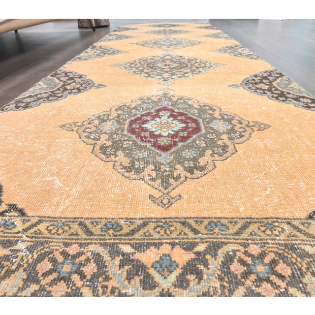3'4x12'7 Orange Vintage Geometric Turkish Hand-Knotted Runner Rug For Sale - Image 4 of 9
