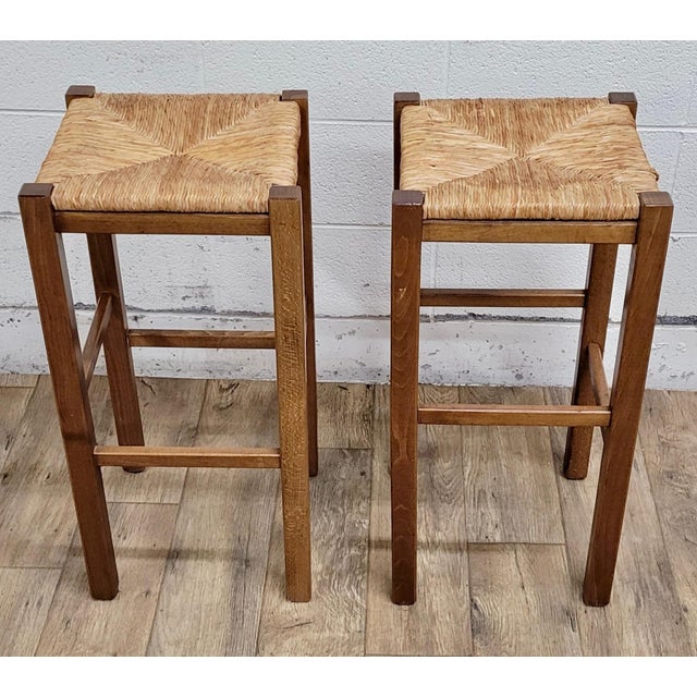 Wood Rush Seat Bath & Body Works Bar Stools - Pair For Sale - Image 7 of 12
