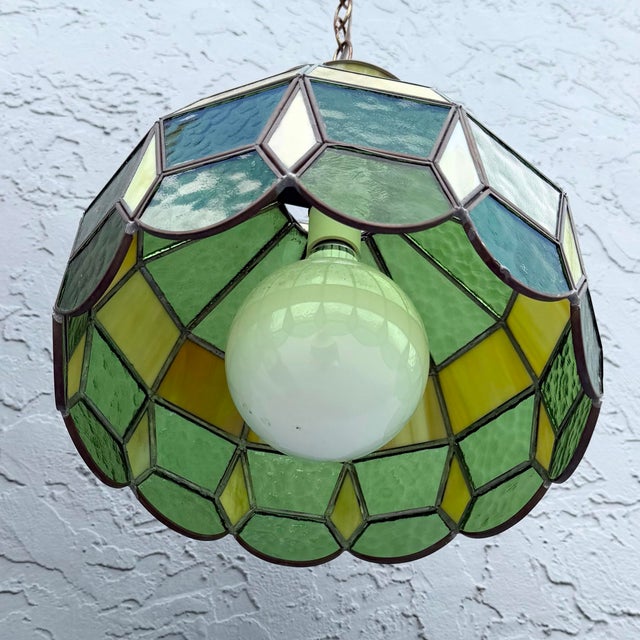 Mid Century Green Stained Glass Pendant Lamp For Sale - Image 4 of 6