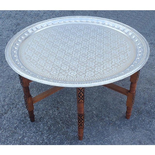 2020s Moroccan Silver Tray Table With Wooden Folding Base For Sale - Image 5 of 6