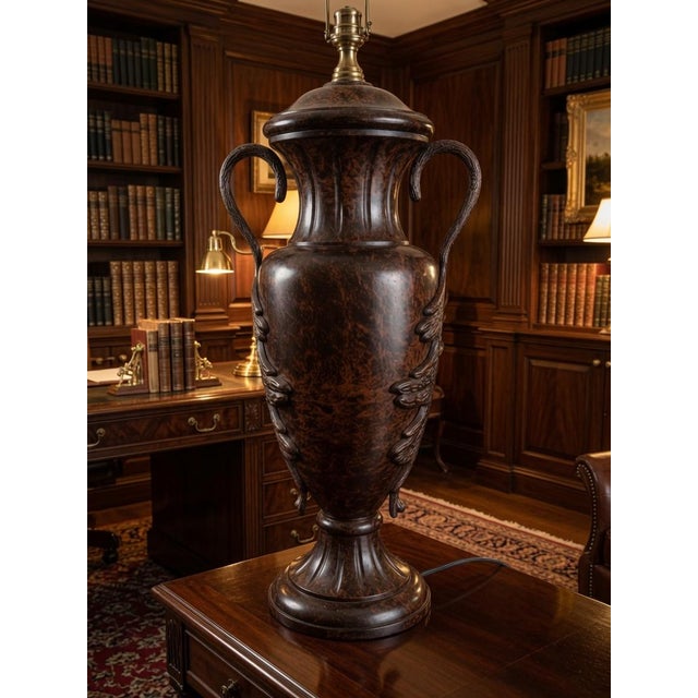 Elegant vintage Wildwood table lamp featuring a classic urn form in a rich dark mottled brown finish. Beautifully detailed...