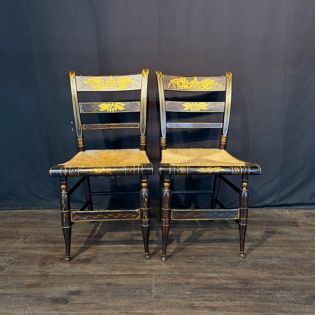 American Early 19th Century American Painted Hitchcock-Style Side Chairs With Rush Seats and Gilt Stenciling For Sale - Image 3 of 12