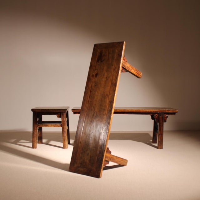 1980s Vintage Rustic Bench with Stool and Coffee Table in Elm, 1980s, Set of 3 For Sale - Image 5 of 15
