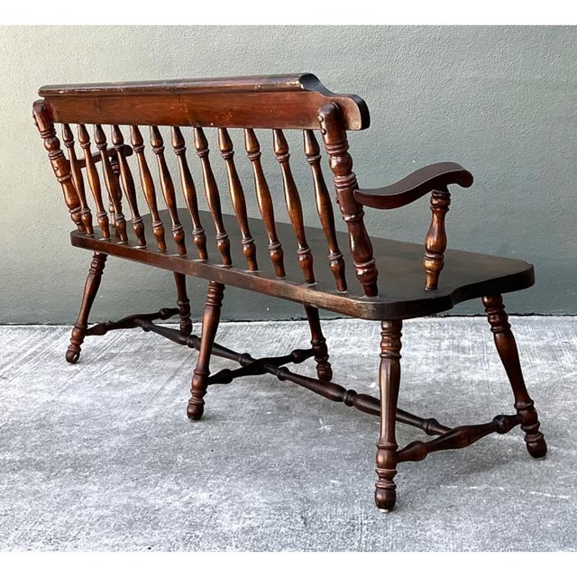 Late 20th Century Vintage Ethan Allen Pine Spindle Back Deacons Bench For Sale - Image 5 of 12