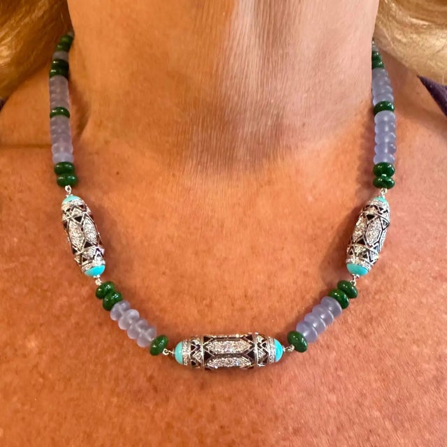 18k White Gold Diamond Emerald cabochons, Chalcedony, Skarn, Turquoise, Black Laquer Necklace by Cartier High Jewelry...