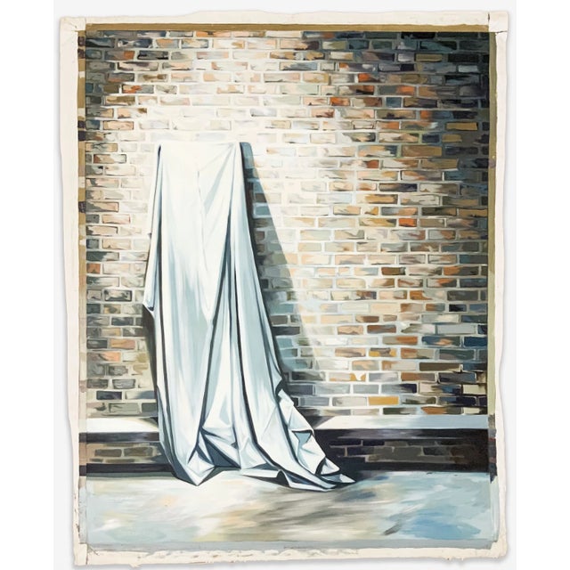 Large abstraction of a brick wall with a draped sheet in front. Oil on canvas. Unstretched (rolled). Signed on the back....
