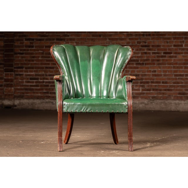 Art Deco Vintage Green Vinyl Clamshell Armchair For Sale - Image 3 of 13