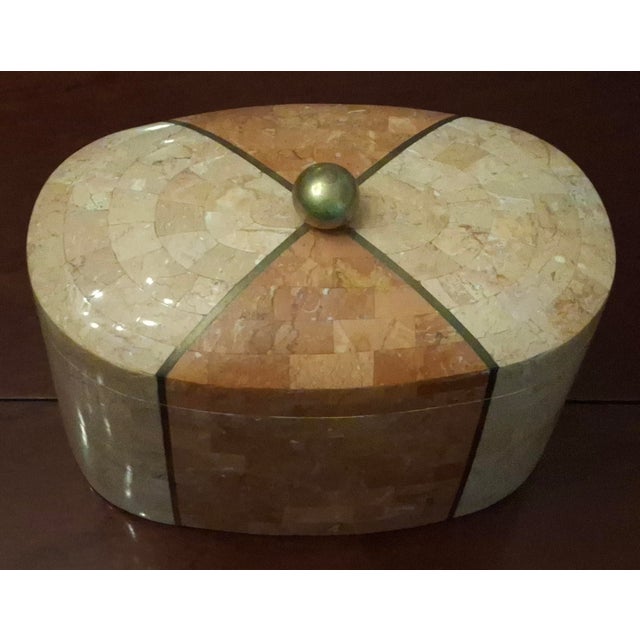 Contemporary Late 20th Century Maitland Smith Tesselated Marble, Brass Inlay and Acacia Wood Lined Decorative Box For Sale - Image 3 of 8