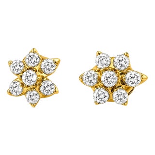 Late 20th Century 14K Yellow Gold Diamond Floral Stud Earrings, Pair For Sale
