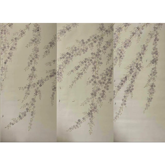 Hand Painted Chinoiserie Floral Branch Wallpaper Mural With Elegant Botanical Design For Sale