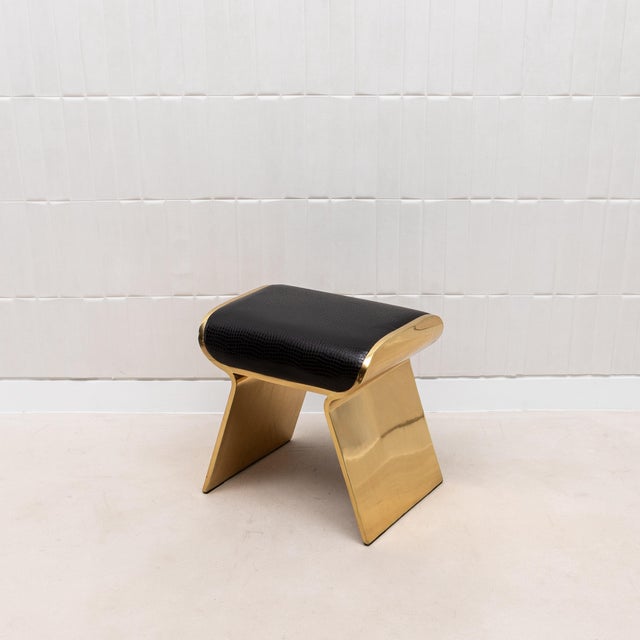 Modern Leather Upholstered Stool With Polished Brass Legs by Kifu Paris For Sale - Image 3 of 8
