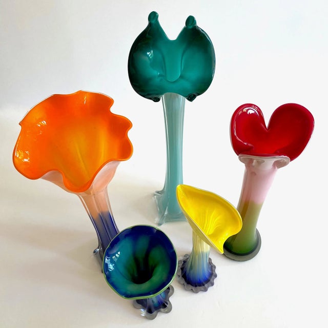 Vintage 1990's Post Modern Hand Blown Art Glass Multicolor Ombre Flowers Contemporary Vases - Set of 5 For Sale - Image 9 of 13