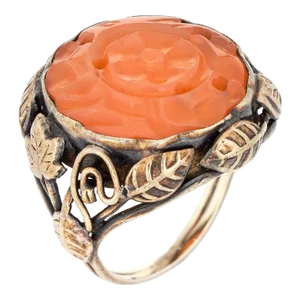 1910s Arts & Crafts Ring Carved Carnelian 14k Gold Leaf Motif Sz 4