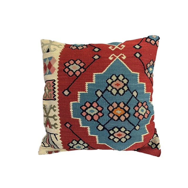 Superb Custom-made pillow cover made using an old hand made Turkish tribal kilim and backed in brown cotton. Zipper...