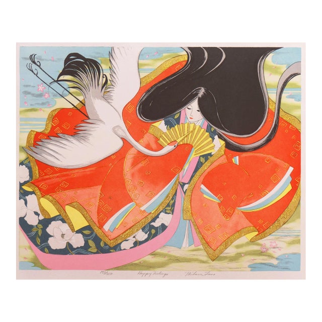 'Happy Tidings' by Miharu Lane, Geisha, Holding a Fan, Receives a White Crane, Silk Kimono For Sale