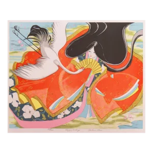 'Happy Tidings' by Miharu Lane, Geisha, Holding a Fan, Receives a White Crane, Silk Kimono