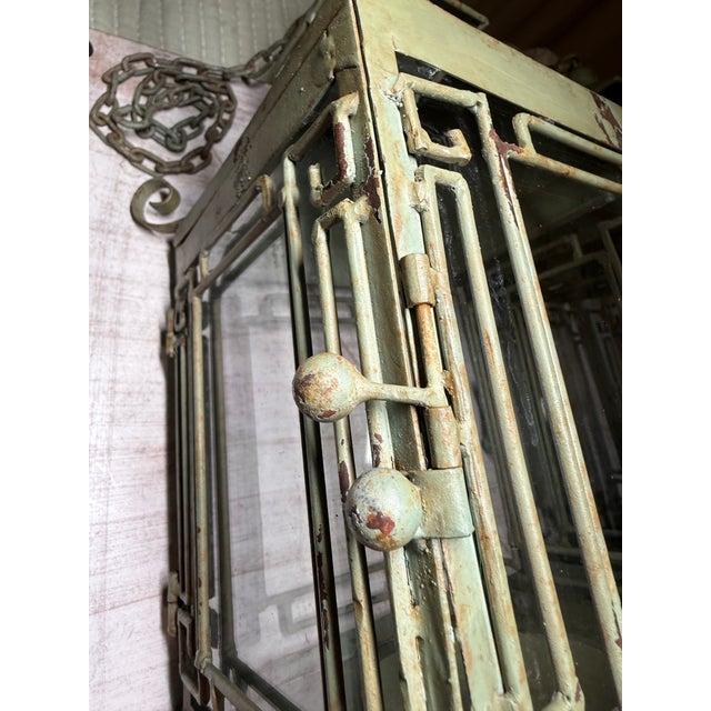 Green Pair of Vintage Metal Chinoiserie Pagoda-Style Hanging Lanterns With Weathered Sage Green Finish For Sale - Image 8 of 12