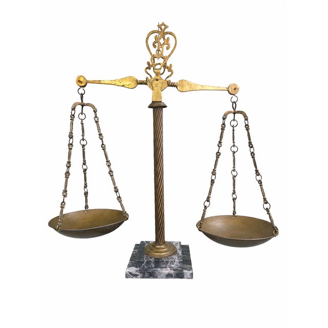 Large Italian Brass & Marble Decorative Balance Scale on Marble Base, 1950s For Sale