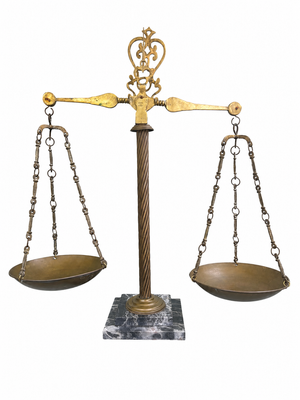 Large Italian Brass & Marble Decorative Balance Scale on Marble Base, 1950s