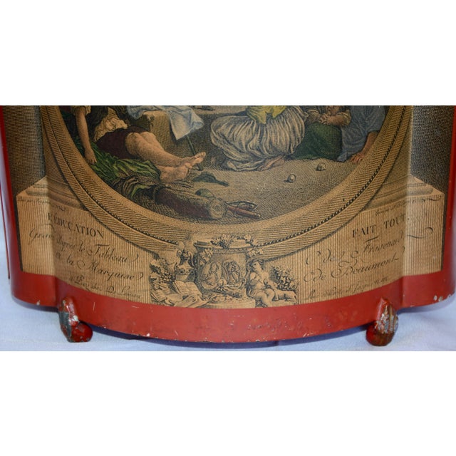 Paper Midcentury Red Footed Tole Tin Waste Basket With Decoupage Print For Sale - Image 7 of 13