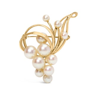 14K Yellow Gold Akoya Cultured Pearl Cluster Swirl Brooch Pin For Sale