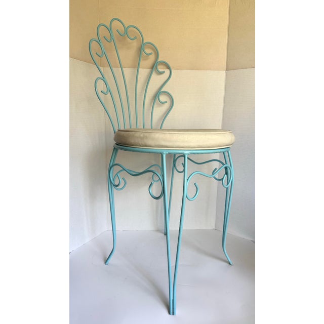 Metal Vintage Aqua Wrought Iron Vanity Chair With Shell-Shaped Scroll Back & Cushion For Sale - Image 7 of 12